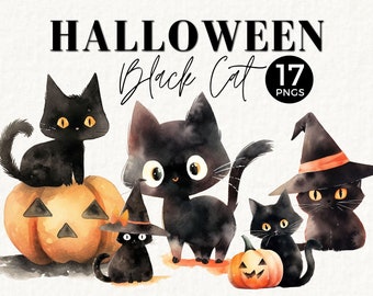 Black Cat Halloween Clipart, Jack O Lantern, Pumpkin, Commercial Use, PNG Files Spooky One Invite, Kawaii Halloween Png, 029SS