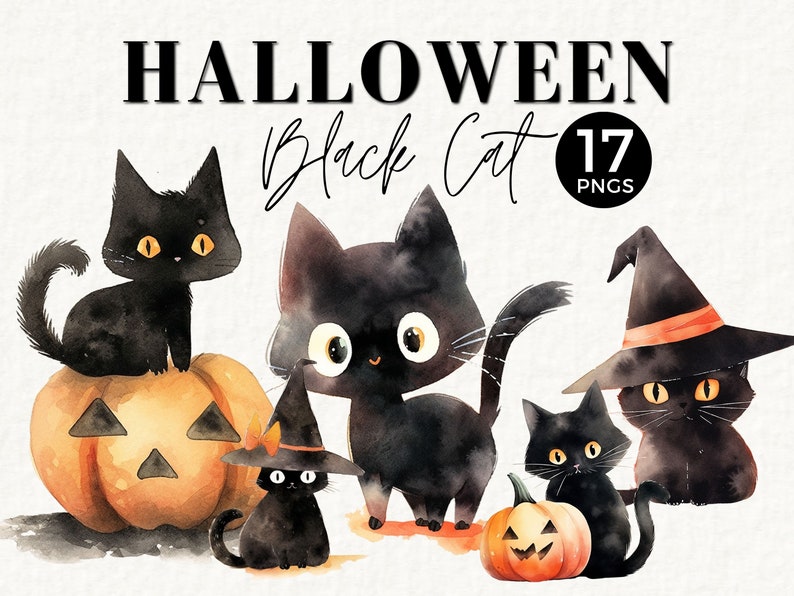 May include: A set of 17 digital illustrations of black cats in watercolor style. The cats are depicted in various poses, some wearing witch hats, and some holding pumpkins. The text "Halloween Black Cat" is written at the top of the image.