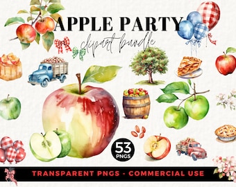 Puede incluir: Un paquete de clipart de acuarela con 53 imágenes PNG de manzanas, tartas de manzana, manzanos, camiones y otros elementos de temática otoñal. El texto "APPLE PARTY clipart bundle" aparece en la imagen.