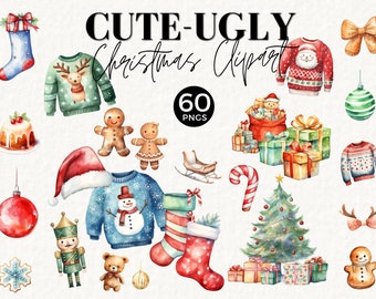 Christmas Gift Tags Clipart, Ugly Christmas PNG Bundle, Commercial Use, Watercolor Printable, xmas stocking, Santa hat, Sweater, 044SS
