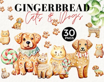 May include: A set of 30 gingerbread cat and dog illustrations. The illustrations are in a watercolor style and feature a variety of poses and expressions. The illustrations are perfect for use in holiday crafts, scrapbooking, and other creative projects.