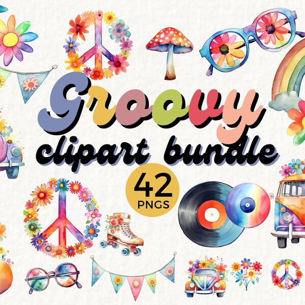 Retro Groovy Vibes Digital Clipart Bundle, Retro Flower Clipart, Daisy Clipart, 1960’s, Rainbows, Hippie Clipart, Boho Clipart, 022SS