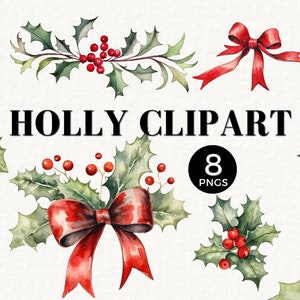 Holly Acuarela Navidad Clipart, Red Berry PNG, Elegante, Clásico, Follaje navideño, Uso comercial para, Etiquetas de regalo, Tarjetas, Arco, 047SS
