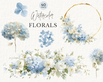 Watercolor Flower Clipart - Blue White Hydrangea Florals, Wedding Stationery Graphics, Petals, Instant Download PNG, Commercial Use, 101SS