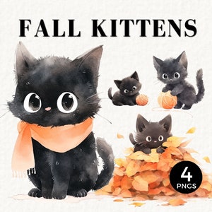 Black Cat Fall Kittens Clipart, Witches Cat, Commercial License, Cat Mom, Cat Yarn Clip Art, Autumn Leaves PNG, Feline, Orange, Cute, 039SS