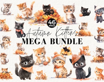 Herbst Katze Clipart Mega Bundle, Kätzchen, schwarze Katze Halloween, gemütliche Herbst Clipart, süße Katze im Herbst, Hexen Katze, feline Grafiken, 039SS