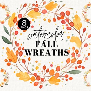 Watercolor Floral Wreaths Clipart, Fall Clipart, Autumn Flowers, Autumn Foliage Wreath Clipart, PNG Commercial Use, Autumn Wedding, 041SS
