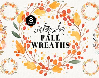 Watercolor Floral Wreaths Clipart, Fall Clipart, Autumn Flowers, Autumn Foliage Wreath Clipart, PNG Commercial Use, Autumn Wedding, 041SS
