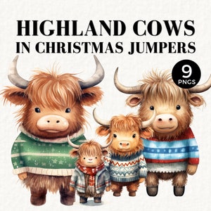 Clipart di Natale delle mucche dell'altopiano, in brutto maglione di Natale, animale invernale, Natale nei boschi, acquerello, Natale divertente, uso commerciale, 044SS