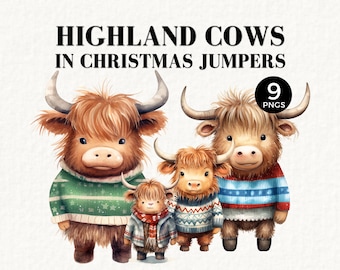 Highland Kühe Weihnachten Clipart in hässlichen Weihnachten Pullover, Wintertiere, Waldland Weihnachten, Aquarell, lustigen Weihnachten, kommerzielle Nutzung, 044SS