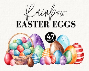 Colorful Easter Eggs Clipart Watercolor Bundle, Decorated, Basket, Rainbow, Blue, Green, Chocolate, Card Making, Commercial Use, Dots 062SS