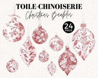 Kerst toile clipart, rode chinoiserie kerstballen, vakantie illustratie, vintage Frans, kerst ornament graphics, JJ png voor ephemera, 077SS