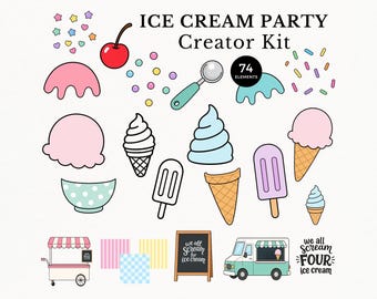 Ice Cream Clipart Party Creator Kit, We all scream four, Mix and Match Scoops and Cones, Icecream Truck Stand, Quirky, Commercial Use, 091SS