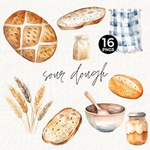 Sourdough Clipart PNG, Bread Baking Graphics, Starter, Rustic Baker Illustrations, Wheat, Loaf, Cottagecore, Watercolor Clip Art, 079SS