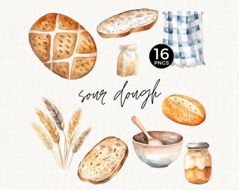 Imágenes Prediseñadas de masa madre PNG, gráficos para hornear pan, entrante, ilustraciones de panadero rústico, trigo, pan, Cottagecore, imágenes prediseñadas de acuarela, 079SS