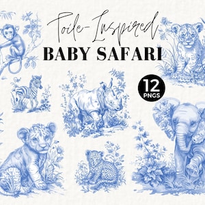 Blauwe toile de jouy baby dieren clipart, safari png, chinoiserie, aquarel, jungle, commercieel gebruik, vintage kinderkamer, babyshower 076SS