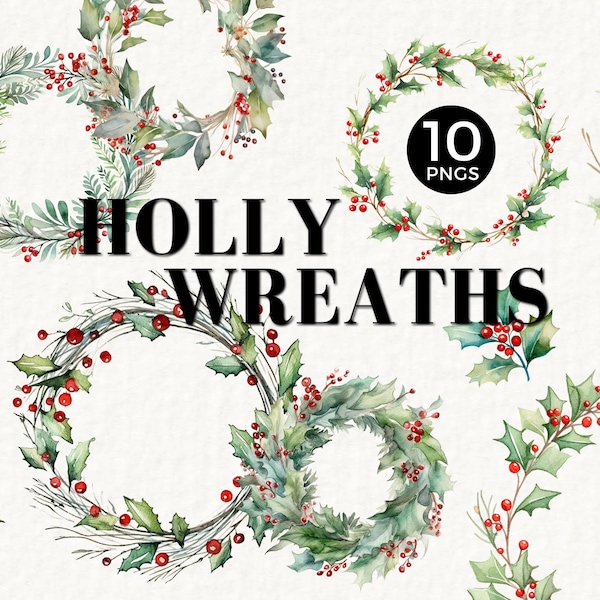 Holly Watercolor Christmas Wreath Clipart, Ivy Wreath PNG, Elegant, Classic, Christmas Frames Foliage, Commercial Use, Red Berries, 047SS