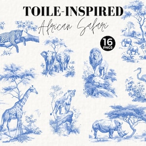Blue Toile Clipart, Escenas de Safari, Toile De Jouy PNG, Chinoiserie, Acuarela, Selva, Uso Comercial, Vintage, Guardería, Baby Shower 076SS