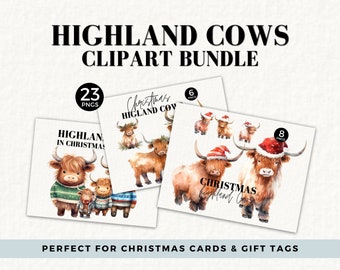 Highland Cows Christmas Clipart Bundle, Ugly Christmas Sweater, Xmas Tag PNG, Woodland Animal, Watercolor, Funny Xmas, Commercial Use, 044SS