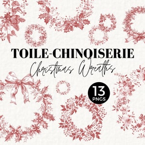 Christmas Wreath Toile Clipart, Vintage Chinoiserie Floral PNG, Xmas Botanical Wreaths, Gift Tag Graphic, Borders for Wedding Invites, 077SS