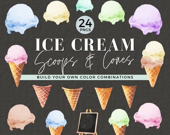 Ice Cream Scoop PNG, Printable Ice Cream Cone Clipart, Party Invitation Graphic, Waffle Cone, Build your Own Ice Cream Sundae, Pastel, 037SS