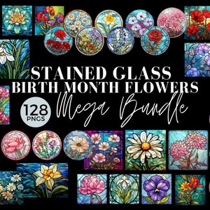 Bundle de cliparts vitrail fleurs du mois de naissance, 128 PNG, emballage de verre teinté, journal indésirable, papiers numériques, usage commercial, 026SS