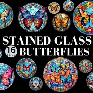 Stained Glass Butterflies Clipart, 16 Round PNGs, Faux Stained Glass Pattern, Tumbler Wrap, Sublimation, Junk Journal, Commercial Use, 026SS