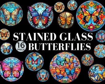 Glasschmetterlinge Clipart, 16 runde PNGs, Faux Buntglasmuster, Tumbler Wrap, Sublimation, Junk Journal, kommerzielle Nutzung, 026SS