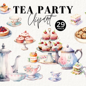 May include: A watercolor illustration of a tea party set with 29 PNG images. The set includes a teapot, teacups, saucers, a tiered cake stand with cupcakes, cookies, sandwiches, and a tart. The illustration is in a vintage style with delicate details and soft colors.