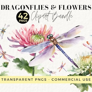 Watercolor Dragonfly Clipart Bundle, Transparent PNGs of Flowers and Dragonflies, perfect for Tumbler Wrap Designs, Digital Download, 020SS