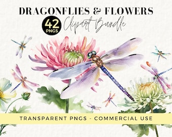 Aquarell Libellen Clipart Bundle, transparente PNGs von Blumen und Libellen, perfekt für Tumbler Wrap Designs, digitaler Download, 020SS