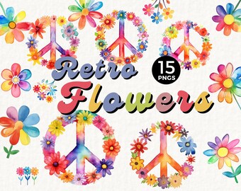 Retro Flower Clipart, 15 PNGs Groovy Vibes, Daisy Clipart, Signo de la Paz, Flower Power, 1960, Hippie Floral Clipart, Boho Clipart, 022SS
