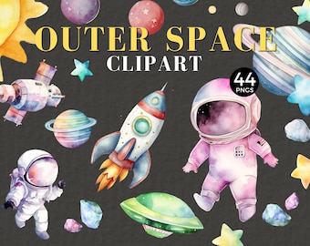 Outer Space Clipart, Little Astronaut Watercolor, Rocket Ship, Moon, Planet Balloons, for Space Themed Birthday Invite, Nursery Decor, 032SS