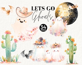 Floral Geist Clipart, verwenden Sie für Lets Go Ghouls einladen, Girls Night Party Decor, niedlichen Boho Geist, Halloween Bachelorette, Western, Fledermaus, 042SS