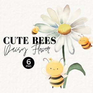 Imágenes prediseñadas de margaritas y abejas, decoración de vivero, descarga instantánea, gráfico de acuarela de abejas lindas, imágenes prediseñadas de abejas imprimibles, arte de pared, uso comercial, 034SS