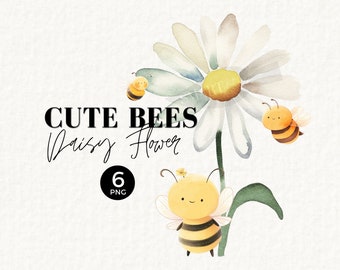 Daisy and Bee clipart, decor kinderkamer, instant download, schattige bijen aquarel afbeelding, afdrukbare bij clipart, kunst aan de muur, commercieel gebruik, 034SS