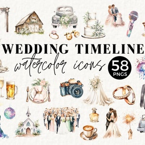 Clipart acquerello timeline matrimonio, DOWNLOAD IMMEDIATO, PNG per uso commerciale, elementi di matrimonio, icone, simbolo, pacchetto di icone di matrimonio, torta, 030SS