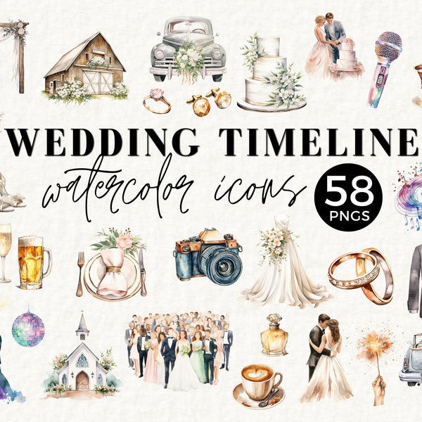 Wedding Timeline Watercolor Clipart, INSTANT DOWNLOAD, Commercial Use PNG, Wedding Elements, Icons, Symbol, Marriage Icon Pack, Cake, 030SS
