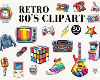 May include: A collection of 30 retro 80's clipart images, including a Rubik's cube, a boombox, a video game console, a skateboard, a cassette tape, a microphone, a wristwatch, a pair of roller skates, a camera, a star, a lightning bolt, a television, a gamepad, a denim jacket, a high-top sneaker, and an electric guitar.