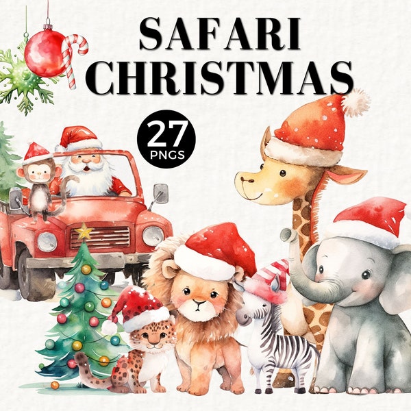 Jungle Safari Christmas Clipart, Christmas Animals, Commercial Use for Ornaments, POD, Cute PNG, Santa Hat, Santa, Lion, Elephant, 044SS