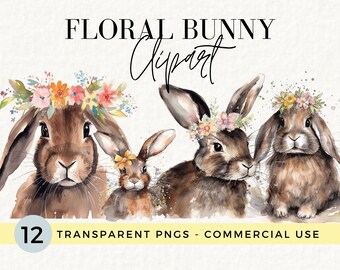 Easter Bunny Head Clipart, Cute Bunny PNG with Flower Crown, Transparent PNGs, Commercial Use, Baby Nursery Art, Junk Journal, POD, 005SS