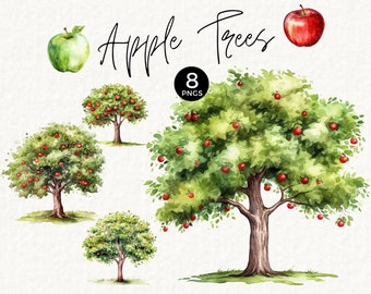 Apple Tree Clipart Commercial Use, Red Apple PNG, Apple of our eye Baby Shower, 1st Birthday Decor, Junk Journals, Watercolor Tree, 010SS