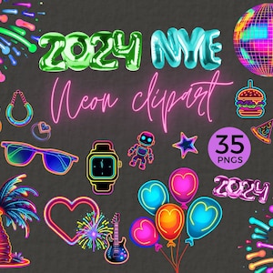 Néon des cliparts, 2024, PNG phosphorescent, lettres ballon aluminium, Lumo, NYE Party inviter Clipart, numérique, Disco, usage Commercial, 055SS