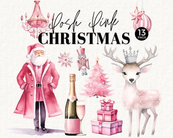 Pink Christmas PNG Bundle, Elegant, Xmas, Modern Christmas Clipart, Pink Santa Claus, Pink Holiday Illustration, Commercial Use, 045SS
