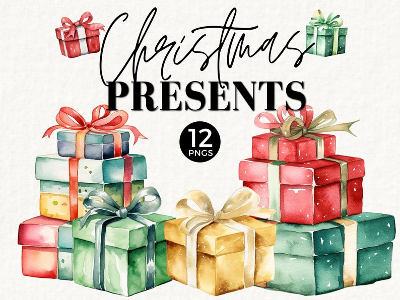 Christmas Presents Clipart, Christmas Present Decor, Ugly Christmas Clipart, Classic, Gift Boxes, Printable Xmas Tag Graphics, 044SS image 1