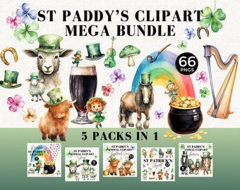 Rainbow St Patricks Day Clipart Bundle, Leprechaun PNG, Irish Animals, Highland Cow, Hat, Lucky Horseshoe, Shamrock, Clover, St Patty, 063SS