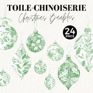 Weihnachten Toile Clipart, grüne Chinoiserie Kugeln, Urlaub Illustration, Vintage Französisch, Xmas Ornament Grafiken, JJ PNG für Ephemera, 077SS