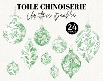 Kerst toile clipart, groene chinoiserie kerstballen, vakantie illustratie, vintage Frans, kerst ornament graphics, JJ png voor ephemera, 077SS