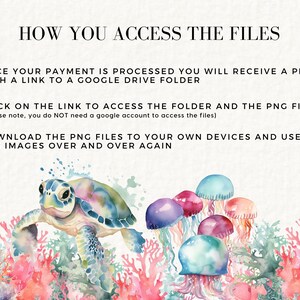 May include: A watercolour illustration of a sea turtle swimming through coral reefs with colourful jellyfish. The text reads "HOW YOU ACCESS THE FILES", "ONCE YOUR PAYMENT IS PROCESSED YOU WILL RECEIVE A PDF WITH A LINK TO A GOOGLE DRIVE FOLDER", "CLICK ON THE LINK TO ACCESS THE FOLDER AND THE PNG FILES (please note, you do NOT need a google account to access the files)", and "DOWNLOAD THE PNG FILES TO YOUR OWN DEVICES AND USE THE IMAGES OVER AND OVER AGAIN".