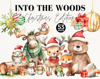 Imágenes prediseñadas de Navidad del bosque, Invierno de acuarela, Animal lindo del bosque, Uso comercial para adornos navideños, Etiquetas de regalo, Imprimible, Zorro, 044SS